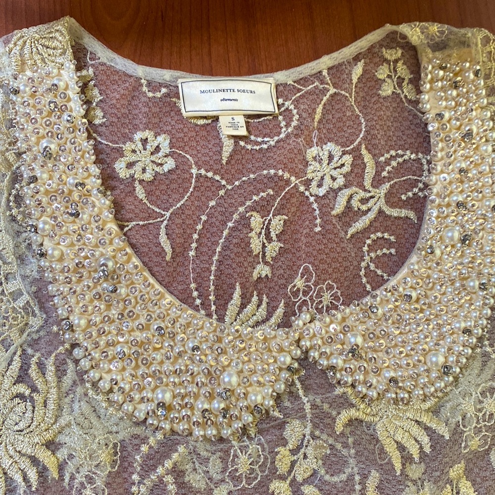 Moulinette Soeurs sheer metallic tank with beaded collar.